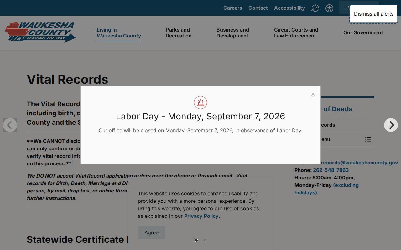 Waukesha County vital records page for a Muskego resident lookup